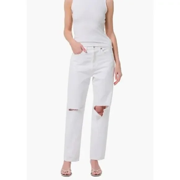AGOLDE white distressed '90s Ripped mid rise relaxed straight leg denim jeans - Picture 3 of 12
